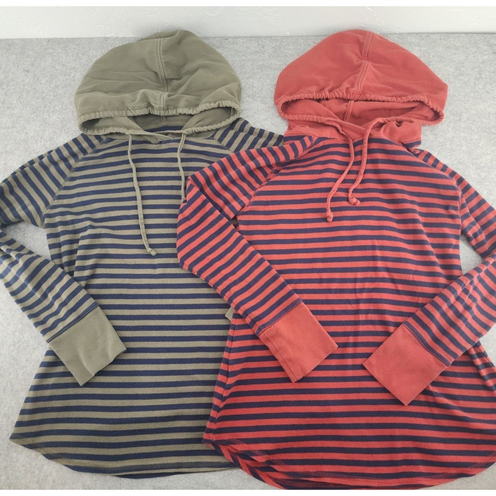 x2 Eddie Bauer Womens Large Striped Hoodie Pullover Cotton Red Olive Green